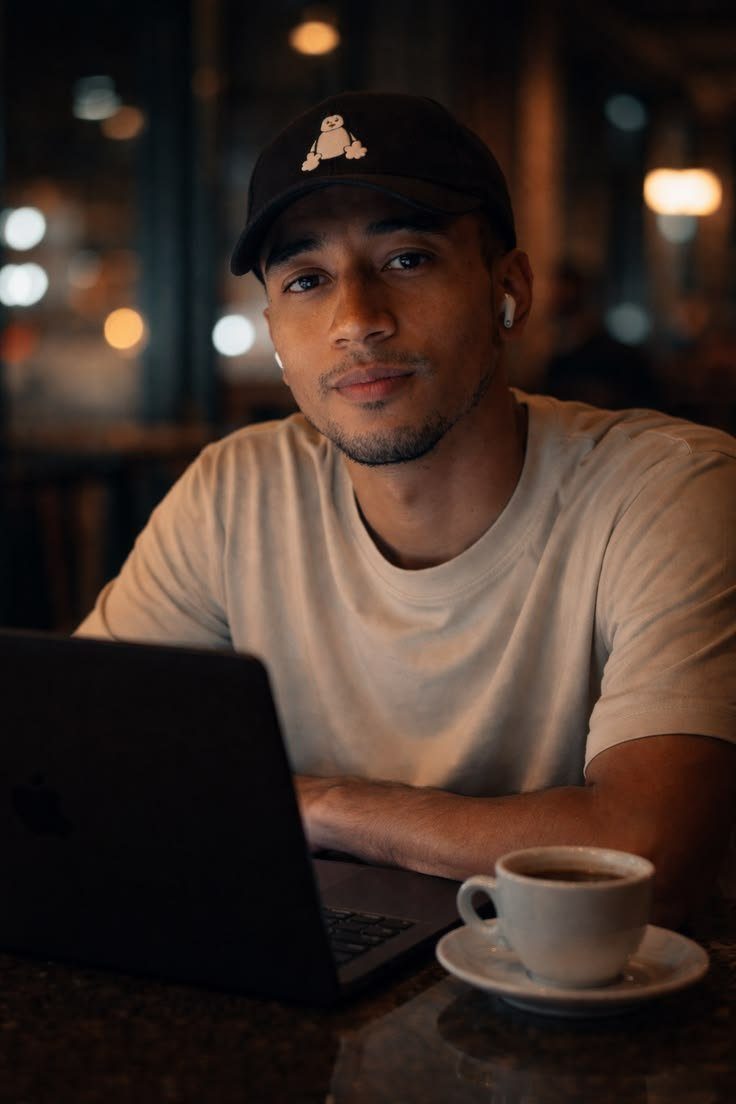 A Black man focused at his laptop in a warm, grounded setting